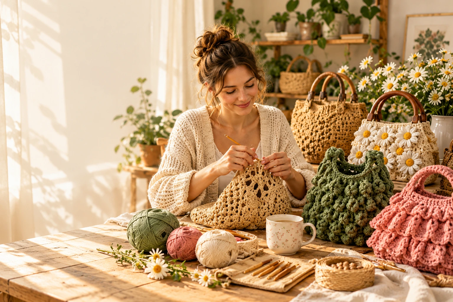 A cozy crochet workspace with hands working yarn into a bag